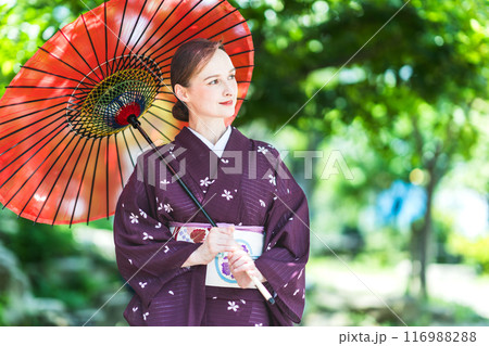 木陰　傘　外国人女性　着物 116988288