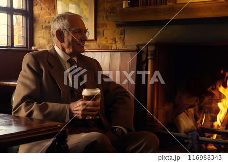 Sitting in a cozy corner of a traditional English pub, a 60 year old white man enjoys a pint of beer. Sitting in a cozy corner of a traditional English pub, a 60 year old white man enjoys a pint of beer. 116988343