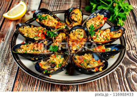 Mussels stuffed with rice and spices on a plate, close-up of a delicious Turkish cuisine dish Mussels stuffed with rice and spices on a plate, close-up of a delicious Turkish cuisine dish 116988433