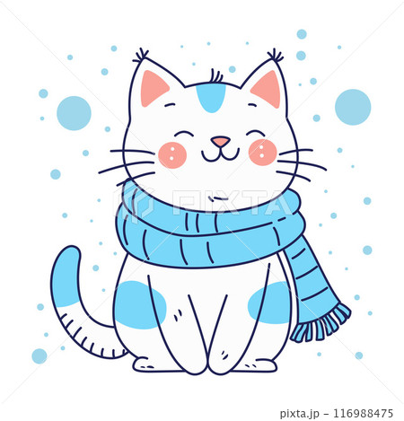 Cute Cat Cartoon Wearing Blue Scarf in Snow Winter Season with Smile Expression Cute Cat Cartoon Wearing Blue Scarf in Snow Winter Season with Smile Expression 116988475