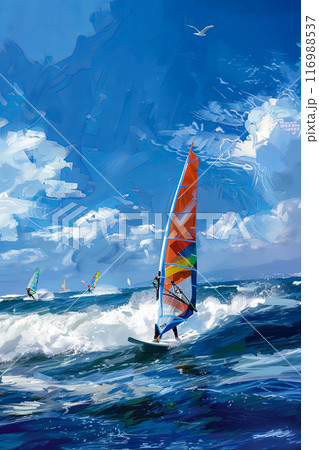Windsurfing competition advertising poster, bright sunny day with clear blue sky, colorful design Windsurfing competition advertising poster, bright sunny day with clear blue sky, colorful design 116988537