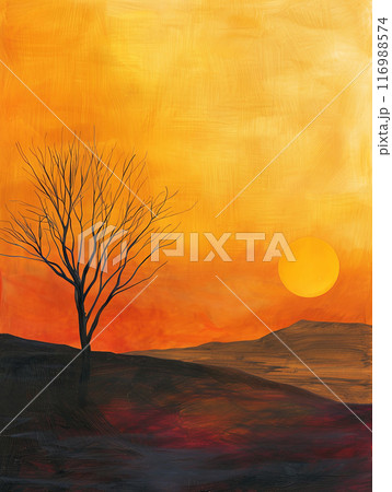 Dried tree against the background of the desert and sunset, poster about drought and climate change 116988574