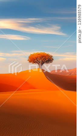 Withered tree on top of the dunes, desert during sunset, vertical poster 116988579