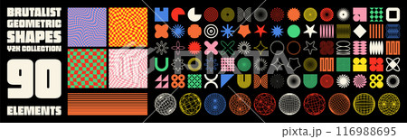 Brutalist geometric shapes, modern symbols. Groovy checkered pattern, distorted tiled grid. Simple elements, forms. Retro design, trendy contemporary minimalist style, y2k. Vector illustration Brutalist geometric shapes, modern symbols. Groovy checkered pattern, distorted tiled grid. Simple elements, forms. Retro design, trendy contemporary minimalist style, y2k. Vector illustration 116988695