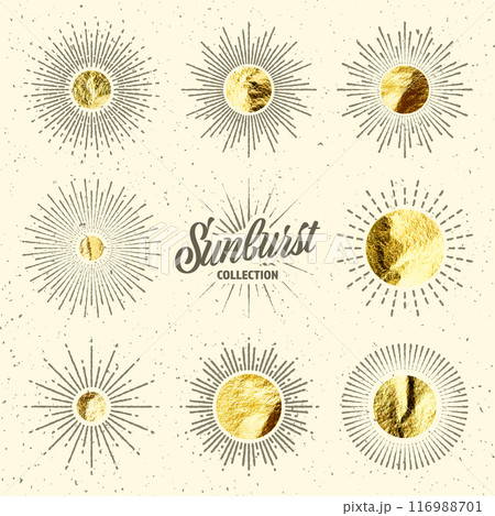 Vintage grunge sunburst sunset beams. Gold foil, shiny handmade circles. Golden glittering texture, pattern. Hand drawn bursting sun, light rays. Logotype, lettering, retro style. Vector illustration Vintage grunge sunburst sunset beams. Gold foil, shiny handmade circles. Golden glittering texture, pattern. Hand drawn bursting sun, light rays. Logotype, lettering, retro style. Vector illustration 116988701