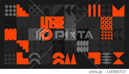 Brutalist geometric shapes, gray and orange symbols. Simple primitive elements and forms. Retro design, trendy contemporary minimalist style. Vector illustration 116988723