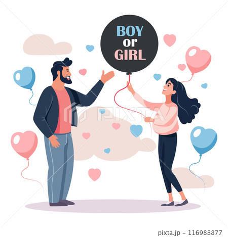 Gender reveal party. The couple holds a balloon with the inscription Boy or girl in their hands Gender reveal party. The couple holds a balloon with the inscription Boy or girl in their hands 116988877