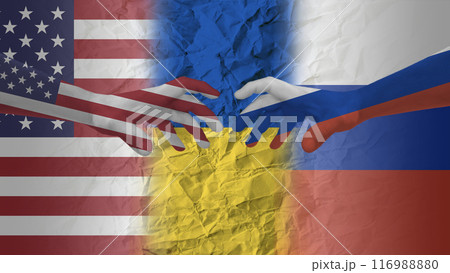 Russia and the USA are trying to get their hands on Ukraine, in the background a crumpled map 116988880