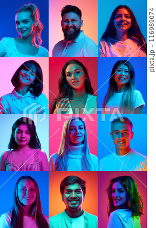 Friends. Collage made of portraits of young beautiful people, men and woman different races and ages in neon light sharing their emotions. Friends. Collage made of portraits of young beautiful people, men and woman different races and ages in neon light sharing their emotions. 116989074