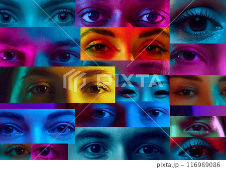 Vibrant collage of diverse eyes in colorful neon lighting, showcasing unity and diversity through striking gazes. 116989086
