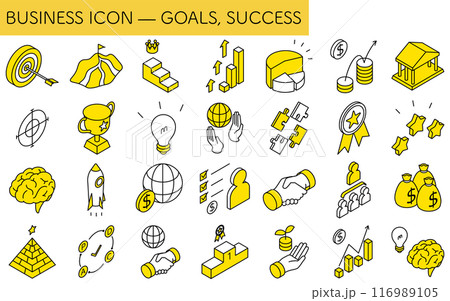 ターゲット・目標達成・ゴールのビジネスアイコンセット、アイソメトリックイラスト 116989105