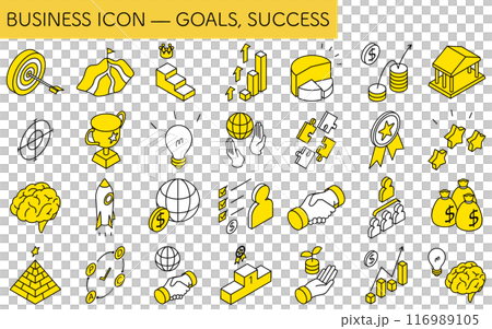 ターゲット・目標達成・ゴールのビジネスアイコンセット、アイソメトリックイラスト 116989105