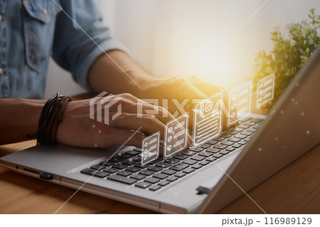 Casual Businessman and 1 Line Document Management System Concept 116989129