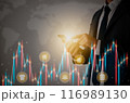 Businessman Hand and Finger Touch Mobile Phone and Color Stock Graph and Online Products 116989130