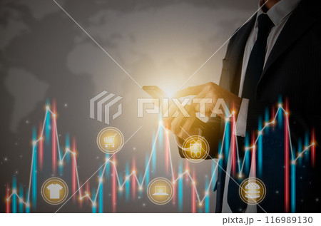 Businessman Hand and Finger Touch Mobile Phone and Color Stock Graph and Online Products 116989130
