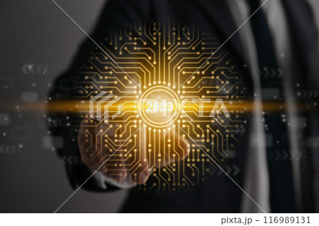 Businessman Touch Screen and 2023 New Year Icon 116989131