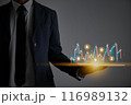 Businessman Hold Tablet and Color Stock Market Graph and Cryptocurrency 116989132