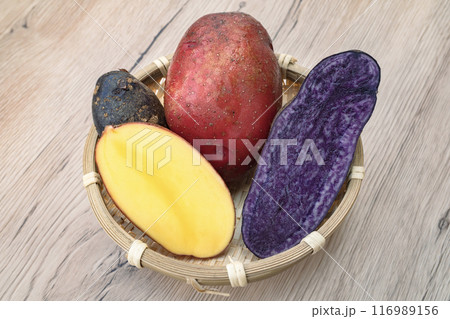 収穫したカラフルな品種のジャガイモ 収穫したカラフルな品種のジャガイモ 116989156