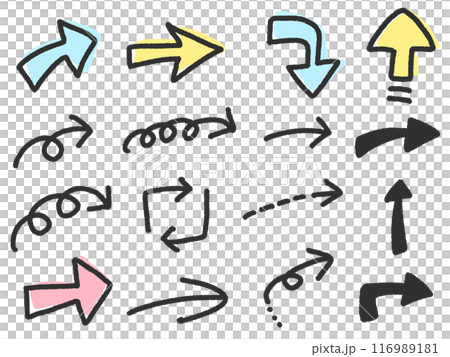 手描きの可愛い矢印アイコンセット　ぐるぐる　曲がる 116989181