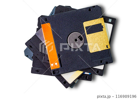 Top view pile of old storage technology diskette for old compute. 116989196