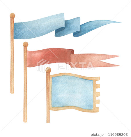 Watercolor illustration set of a waving flags in red and blue. Long medieval flag, isolated. Hand drawn, sketch 116989208