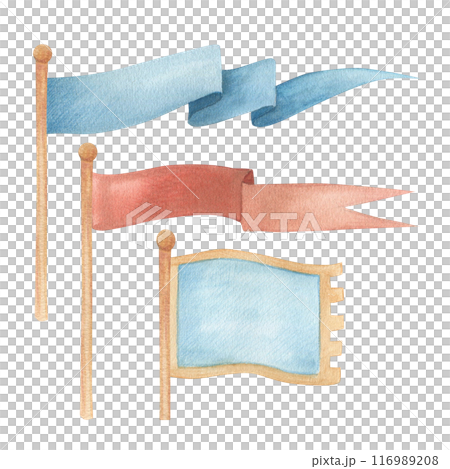 Watercolor illustration set of a waving flags in red and blue. Long medieval flag, isolated. Hand drawn, sketch 116989208