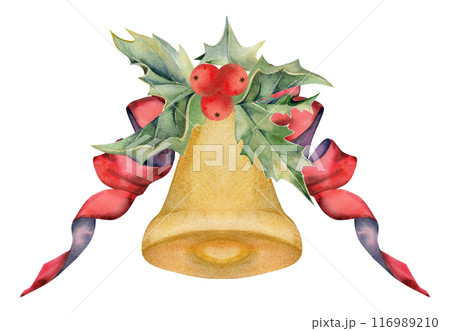 Christmas bell, gold ornament with red ribbon bow, holly leaves berries. Watercolor hand drawn illustration, composition isolated on white. Xmas cards, happy new year festive, noel navidad holiday. 116989210