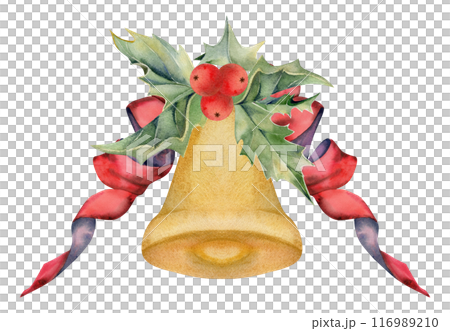 Christmas bell, gold ornament with red ribbon bow, holly leaves berries. Watercolor hand drawn illustration, composition isolated on white. Xmas cards, happy new year festive, noel navidad holiday. 116989210