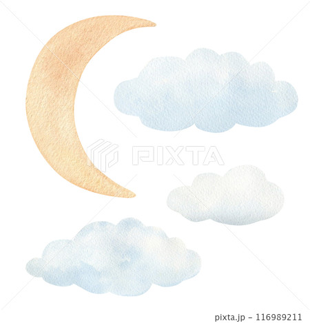 Watercolor illustration of stylized moon and clouds with watercolor texture of paper isolated Watercolor illustration of stylized moon and clouds with watercolor texture of paper isolated 116989211
