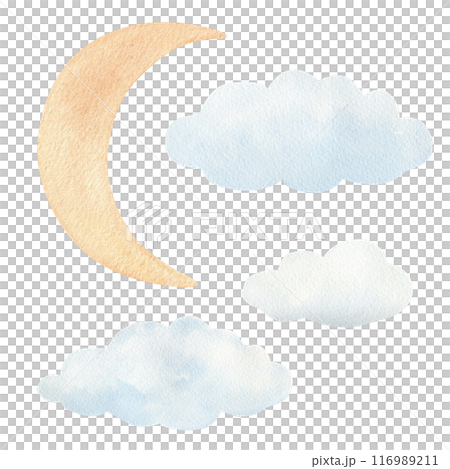 Watercolor illustration of stylized moon and clouds with watercolor texture of paper isolated Watercolor illustration of stylized moon and clouds with watercolor texture of paper isolated 116989211