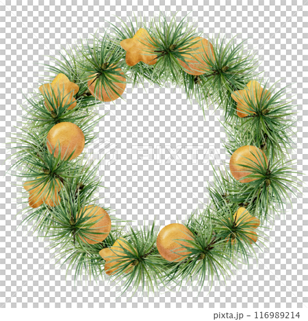 Pine, fir tree, spruce branches, gold bauble balls stars. Watercolor hand drawn illustration, wreath frame isolated on white. Xmas, happy new year festive, noel navidad. Cards, gifts, florist shop. Pine, fir tree, spruce branches, gold bauble balls stars. Watercolor hand drawn illustration, wreath frame isolated on white. Xmas, happy new year festive, noel navidad. Cards, gifts, florist shop. 116989214