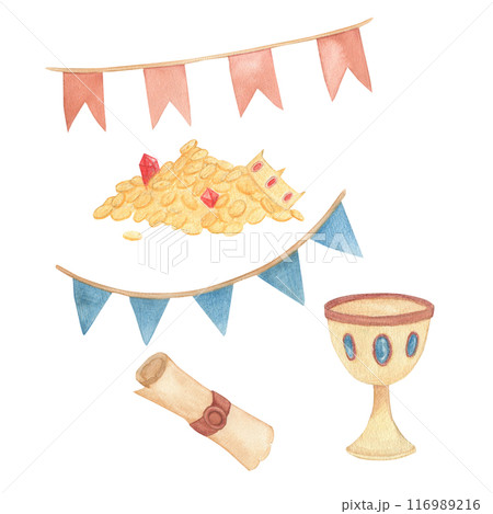 Watercolor illustration set of a golden medieval drink cup, garland of flags in red and blue,ancient scroll , horn, pile of treasures. medieval set, isolated. Hand drawn, sketch Watercolor illustration set of a golden medieval drink cup, garland of flags in red and blue,ancient scroll , horn, pile of treasures. medieval set, isolated. Hand drawn, sketch 116989216