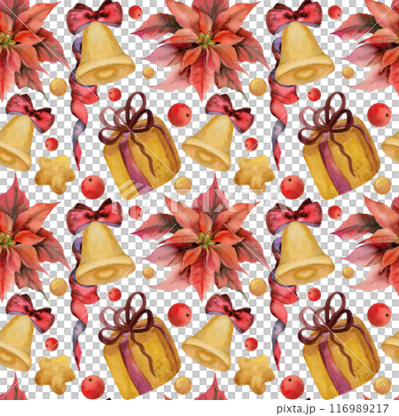 Red poinsettia flowers berries, gift gold star, bell. Watercolor hand drawn illustration, seamless pattern isolated on white. Xmas, happy new year festive, noel navidad holiday. Print paper, textile Red poinsettia flowers berries, gift gold star, bell. Watercolor hand drawn illustration, seamless pattern isolated on white. Xmas, happy new year festive, noel navidad holiday. Print paper, textile 116989217