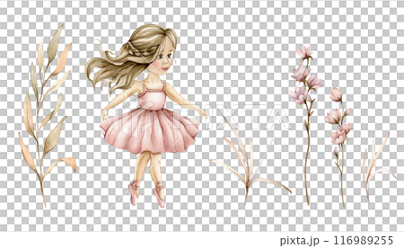 Set of watercolor botanical autumn illustration branches and flowers. Floral illustration and dancing ballerina in pink dress. Hand painted drawing isolated on background. elegant herds pastel color 116989255