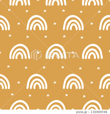 Bohemian Baby pattern with Rainbow. Gender Neutral Nursery Cute Ornaments. Vector illustration in flat cartoon style. Boho print for kids Bohemian Baby pattern with Rainbow. Gender Neutral Nursery Cute Ornaments. Vector illustration in flat cartoon style. Boho print for kids 116989598