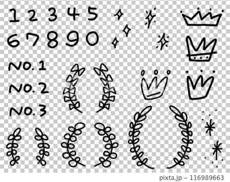 Cute icon set of doodle-style numbers and crowns, laurel, glitter Cute icon set of doodle-style numbers and crowns, laurel, glitter 116989663