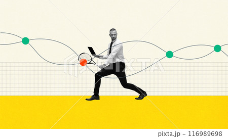 Businessman hitting ball with tennis racket while holding laptop. Dynamic multi-tasking, strategic action and pursuit of goals. Contemporary art collage. 116989698