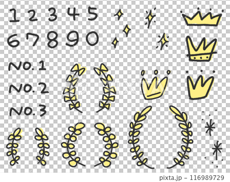Cute icon set of doodle-style numbers and crowns, laurel, glitter 116989729