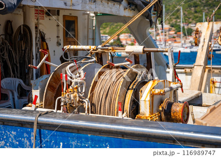 Fishing boat parking on Vela Luka town in Korcula island, Croatia 116989747