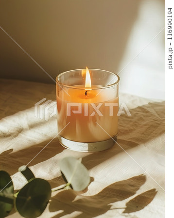 Soy wax scented candle mockup, clear glass container candle front view mockup, tropical style 116990194