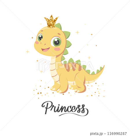 Princess dino card template. Cute dinosaur fairy, baby sweet poster. Scandinavian style animal 116990287
