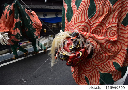 日本の岐阜県の高山市 春の高山祭の伝統芸能 路地を練り歩く獅子舞 祭りの衣装を着て獅子の顔を揺らす姿 日本の岐阜県の高山市 春の高山祭の伝統芸能 路地を練り歩く獅子舞 祭りの衣装を着て獅子の顔を揺らす姿 116990290