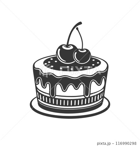 Cherry cake on white background, engraving, silhouette. Black and white illustration of dessert, pastry, food icon 116990298