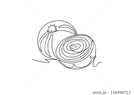 Continuous one line drawing whole and sliced healthy organic onion for herbal logo identity. Fresh cultivated seasoning concept for vegetable icon. Single line draw design vector graphic illustration Continuous one line drawing whole and sliced healthy organic onion for herbal logo identity. Fresh cultivated seasoning concept for vegetable icon. Single line draw design vector graphic illustration 116990722