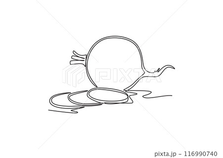Single continuous line drawing sliced healthy organic white turnip for plantation logo identity. Fresh veggie concept for root vegetable icon. Dynamic one line draw graphic design vector illustration Single continuous line drawing sliced healthy organic white turnip for plantation logo identity. Fresh veggie concept for root vegetable icon. Dynamic one line draw graphic design vector illustration 116990740