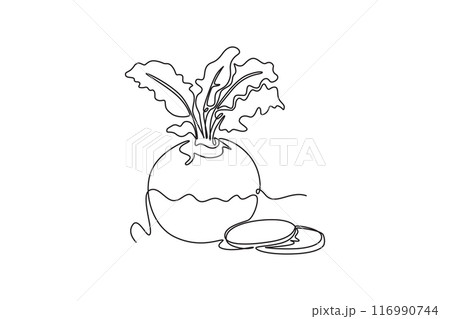 Single one line drawing whole and sliced healthy raw organic white turnip for farm logo identity. Fresh plant concept for root vegetable icon. Continuous line draw design graphic vector illustration 116990744