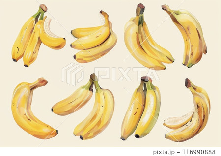 Illustration set of vibrant yellow bananas in various arrangements. Generative AI 116990888