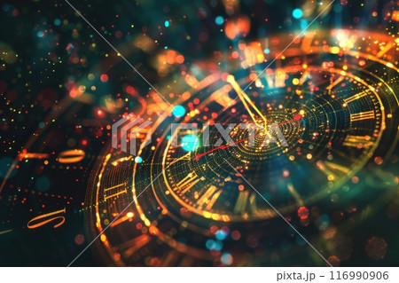 Enchanting dance of time represented through sparkling clockface and colorful lights. Generative AI 116990906