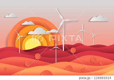 Wind turbines renewable energy landscape sunset windmills colorful layered hills clouds orange yellow gradient background paper cut style 116991014