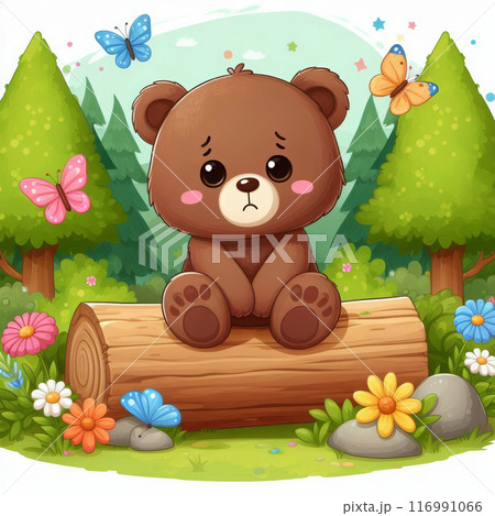 Sad cartoon teddy bear sitting in the forest on a clearing. High quality illustration Sad cartoon teddy bear sitting in the forest on a clearing. High quality illustration 116991066